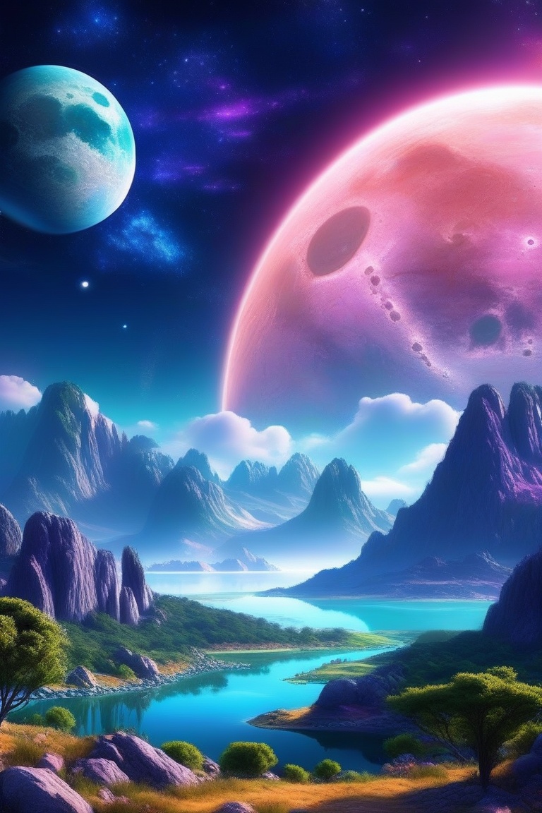 awod, outdoors, sky, cloud, water, tree, no humans, moon, star sky, scenery, full moon, mountain, fantasy, planet, landscape