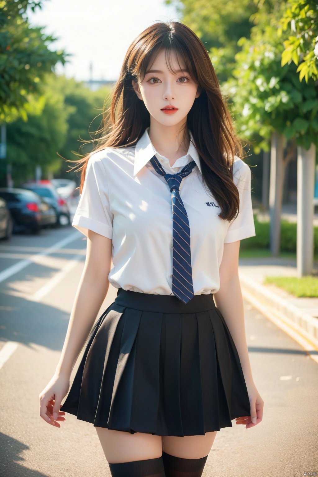 1girl, solo, long hair, looking at viewer, skirt, brown hair, shirt, thighhighs, school uniform, white shirt, short sleeves, outdoors, necktie, black skirt, white thighhighs, cosplay