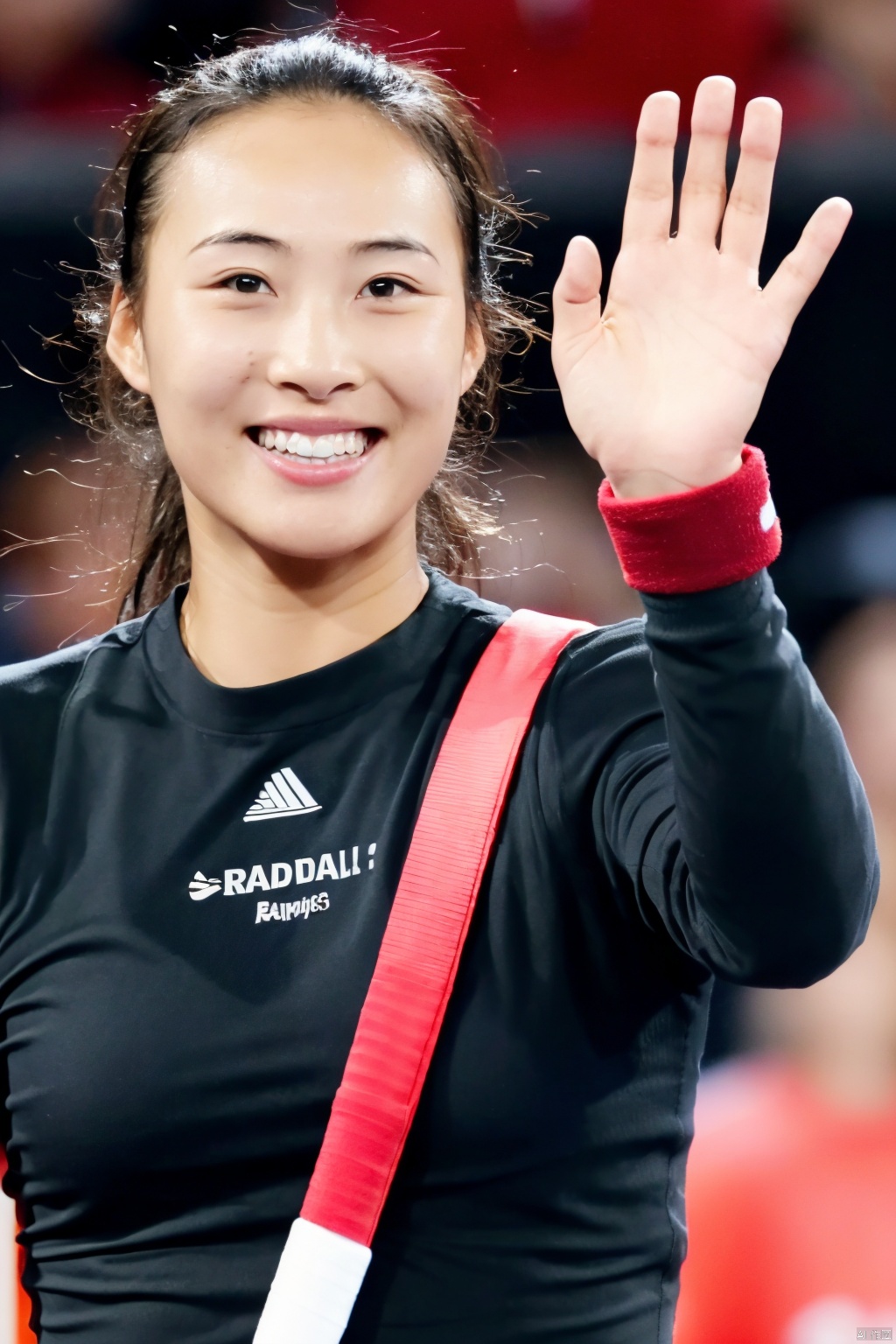 1girl, solo, smile, black hair, wristband, waving, realistic