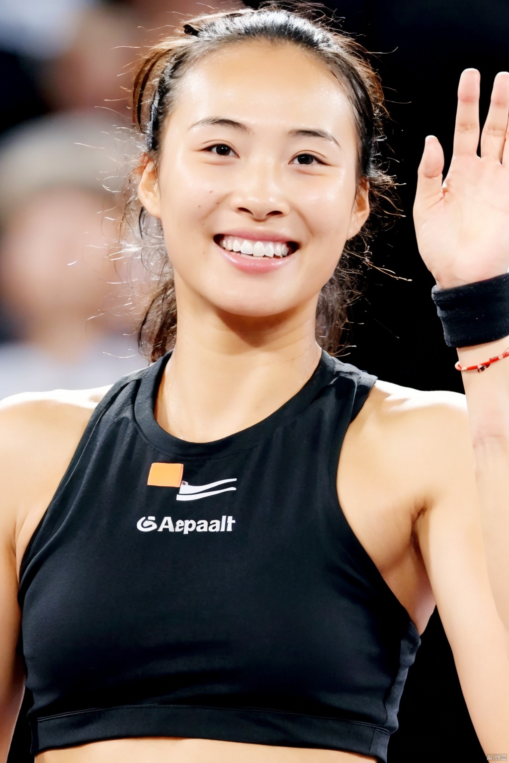 1girl, solo, smile, black hair, wristband, waving, realistic