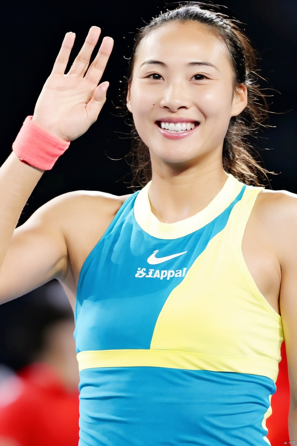 1girl, solo, smile, black hair, wristband, waving, realistic