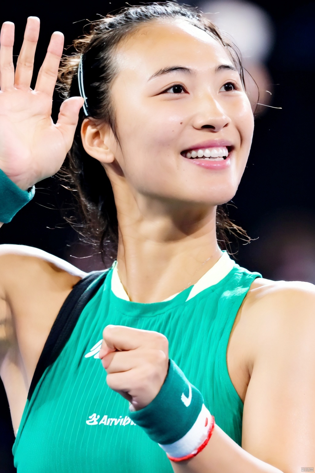 1girl, solo, smile, black hair, wristband, waving, realistic