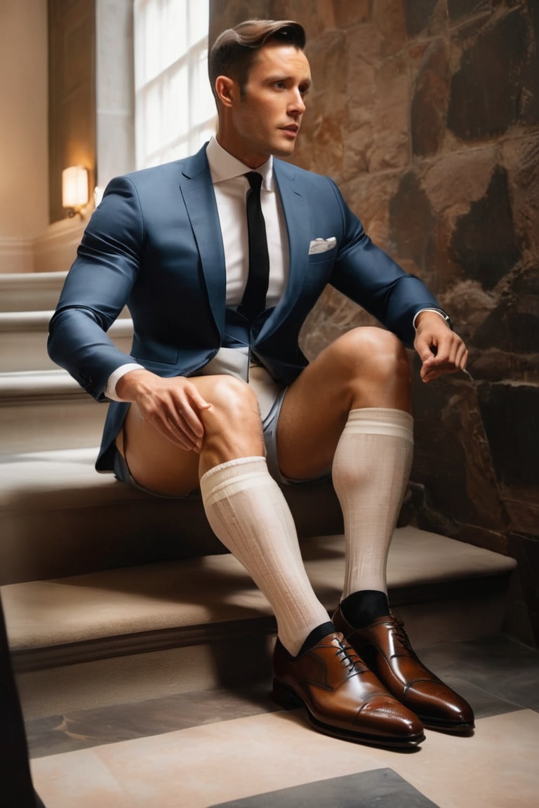 suit men wearing bermuda shorts with brown oxford shoes,  full portrait,  wearing socks garter on Tensor.Art