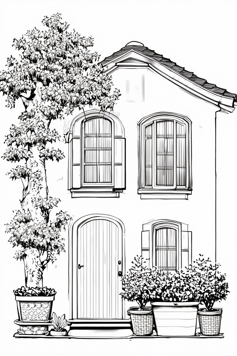 Manga style illustration, line art, pencil art, white background, monochrome, greyscale, tree, no humans, window, plant, door, basket, potted plant, bush, house, chimney