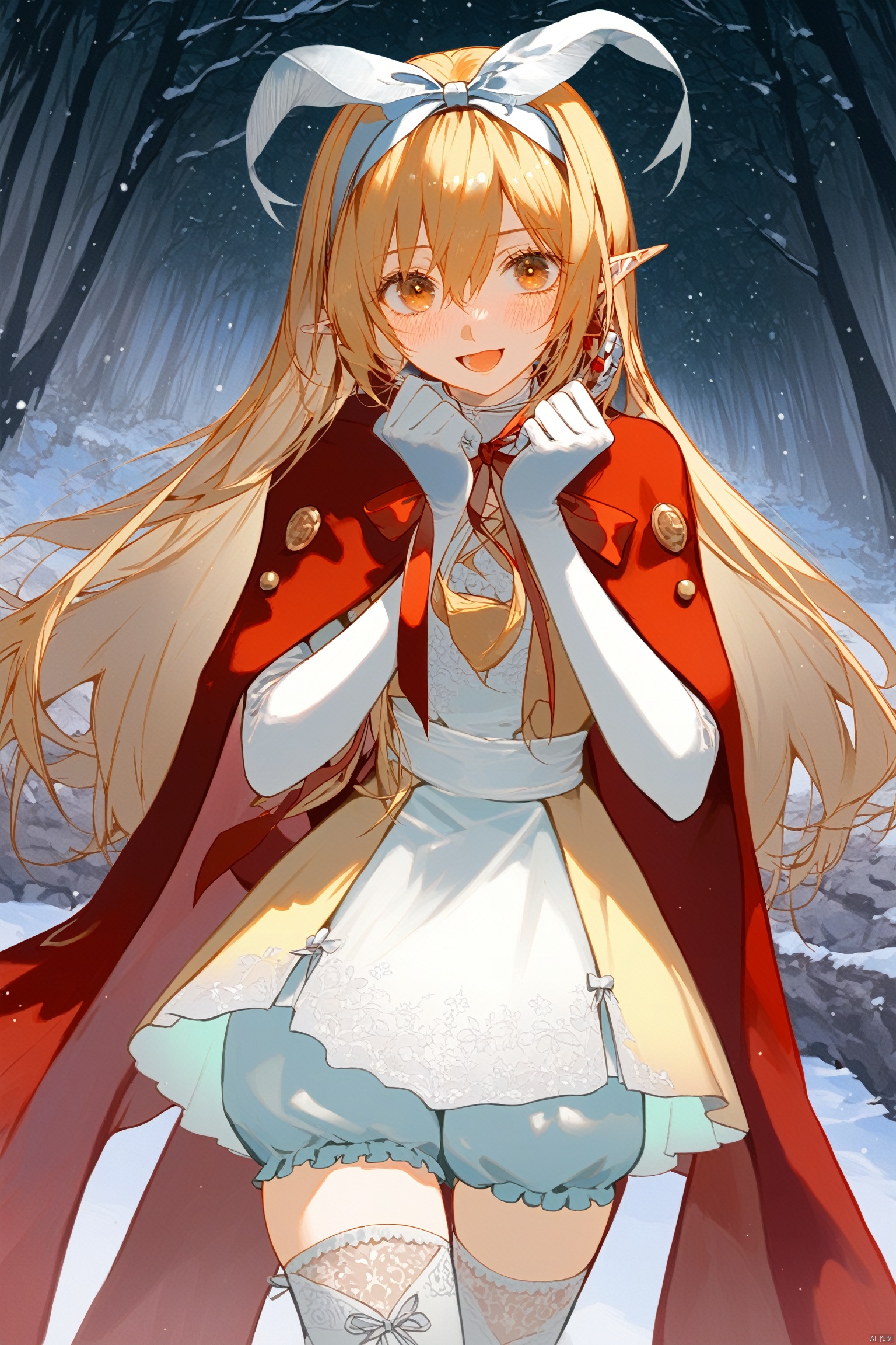1girl,solo,looking at viewer,blush,smile,open mouth,bangs,blonde hair,gloves,dress,ribbon,hair between eyes,brown eyes,standing,hair ribbon,yellow eyes,:d,hairband,boots,pointy ears,elbow gloves,white gloves,cape,red ribbon,white footwear,standing on one leg,knee boots,bloomers,red cape,brown dress,yellow dress,white bloomers,brown cape,outdoors, day, tree,  traditional media, nature, scenery, forest,
A young girl stands confidently on one leg, her bright blonde hair tied back with a bright red ribbon and matching headband. Her bangs set off her face, and a few strands of hair hung between her brown eyes, flashing a warm smile. She opened her mouth slightly, as if to speak or share a secret. She was wearing a stunning white dress adorned with delicate lace details, paired with knee high boots and elbow length gloves, all in a snow-white hue. The overall effect is enhanced by the popular color of the red cloak behind her, which is tied around her neck with another matching ribbon. Her pointed ears slightly perked up, adding to her playful and curious demeanor. 