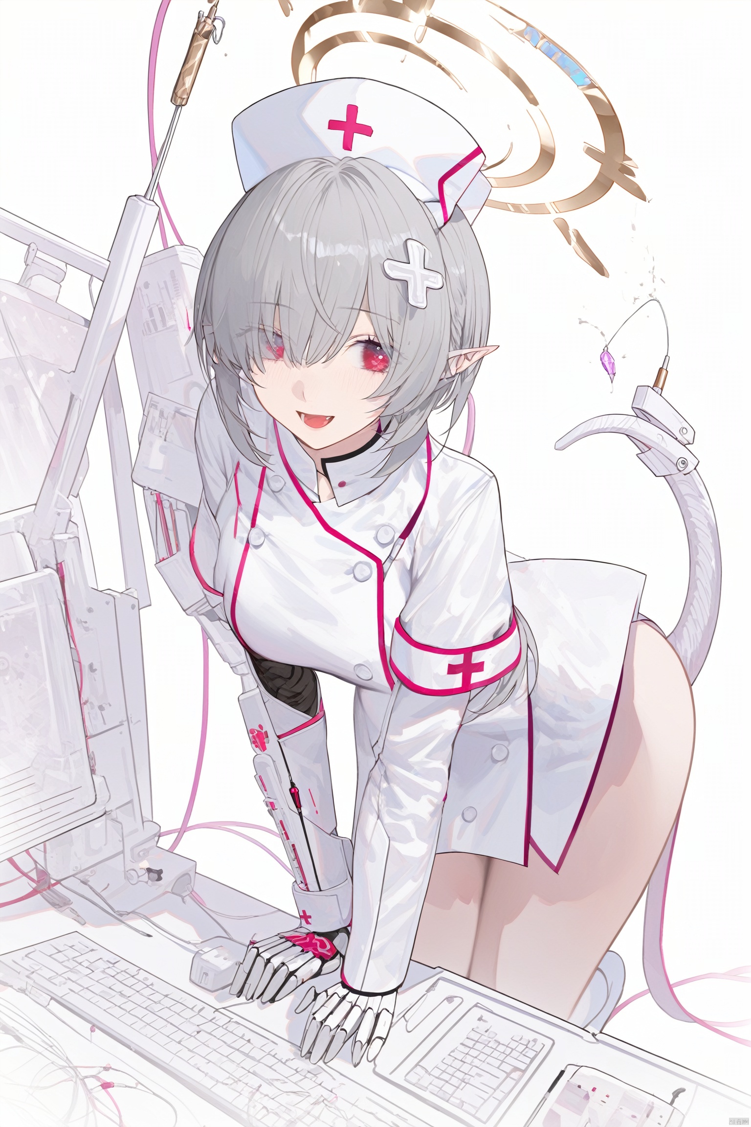 1girl, solo, breasts, looking at viewer, smile, short hair, open mouth, red eyes, hat, full body, grey hair, pointy ears, pink eyes, leaning forward, halo, eyes visible through hair, cross, bent over, nurse cap, nurse, computer, mechanical arms, syringe, prosthesis, intravenous drip