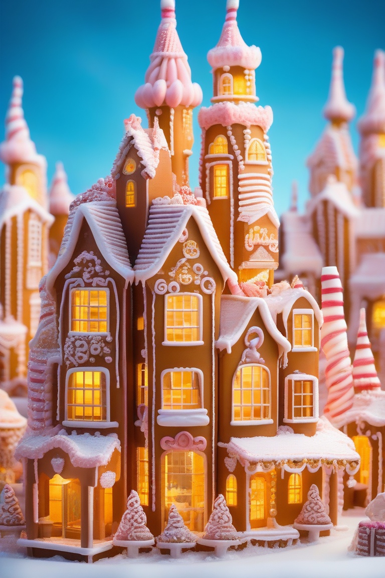 gingerb,  A whimsical metropolis rises from a sea of candy canes,  as a gingerbread house skyscraper pierces the sky. The...