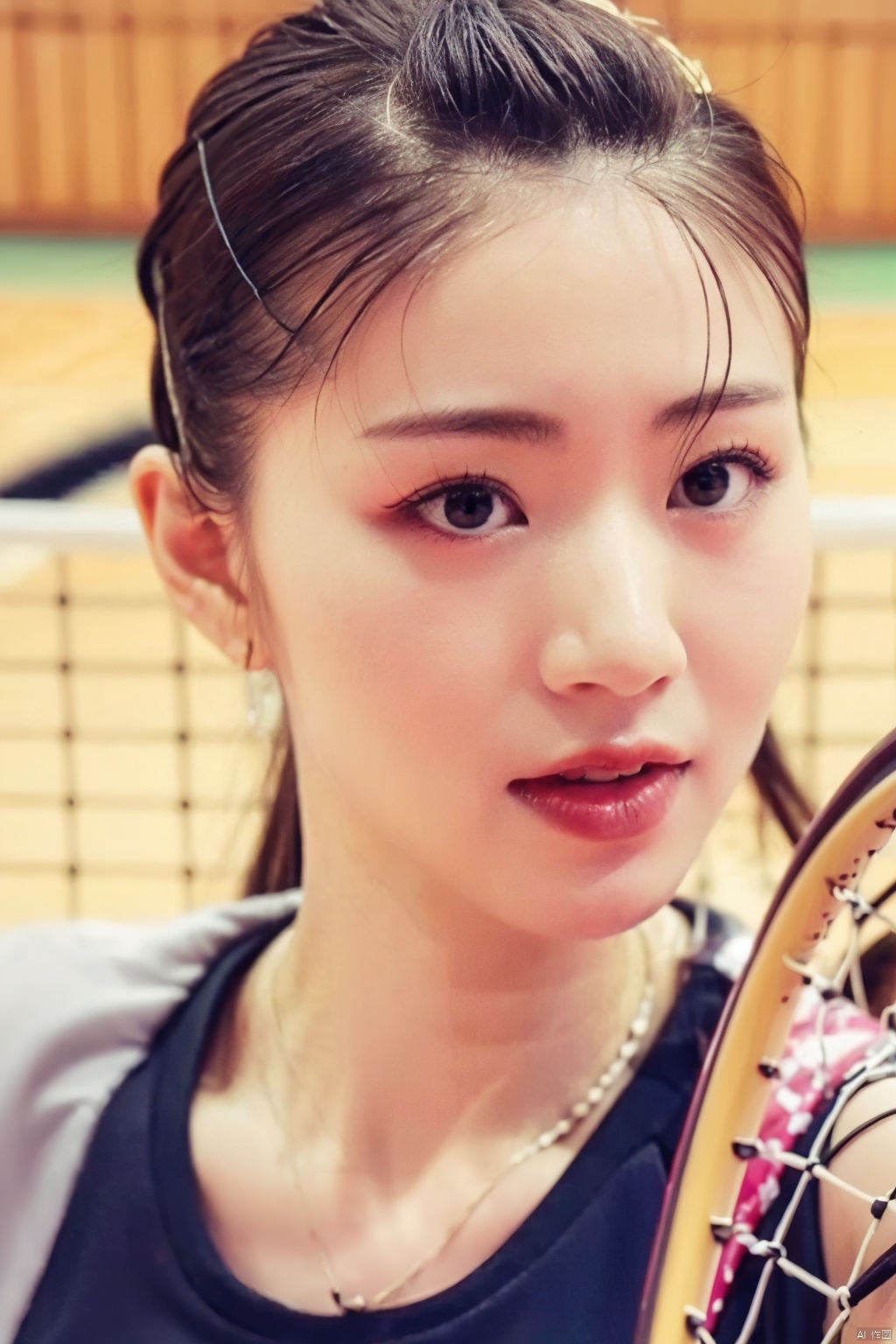 racket, tennis_racket, 1girl, blurry, solo, electric_fan, ball, depth_of_field, chain-link_fence, net, fishnets, eyelashes, blurry_background, basketball, cage, looking_at_viewer