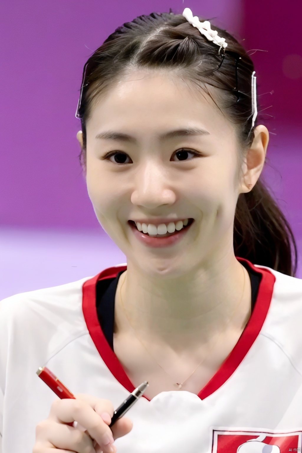 A close-up shot of a young Japanese girl wearing sportswear, holding a pen and paper with clothes writing on it. she has an open-mouthed expression, revealing his straight white teeth. The camera frames the subject's face, emphasizing her determined gaze. Soft, natural lighting highlights the texture of her hair and clothing. In the background, a subtle hint of the Japanese flag is visible, adding cultural context to the scene.