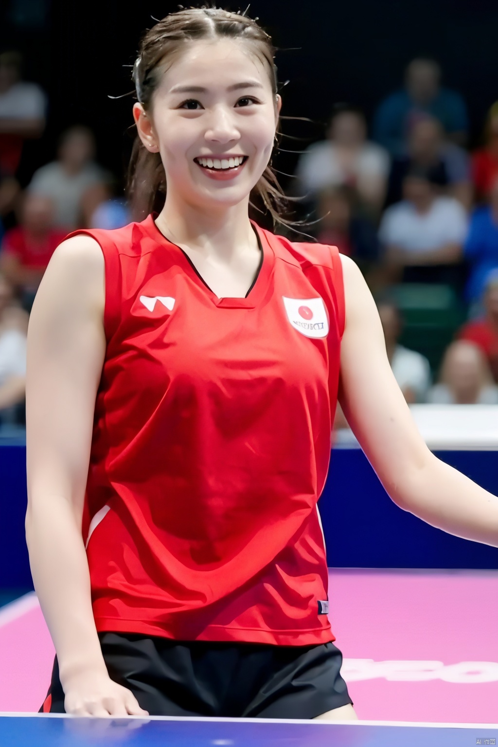 The image shows a woman who appears to be engaged in a sport, likely table tennis, given the context and her attire. The focus is on her upper body and facial expression, which conveys a sense of joy or satisfaction. Her attire includes a red sports jersey with white text, suggesting a team affiliation or sponsorship. The background is dark, ensuring that the subject stands out prominently. There are no explicit indications of location or event, but the context suggests an indoor setting typical for such sports.