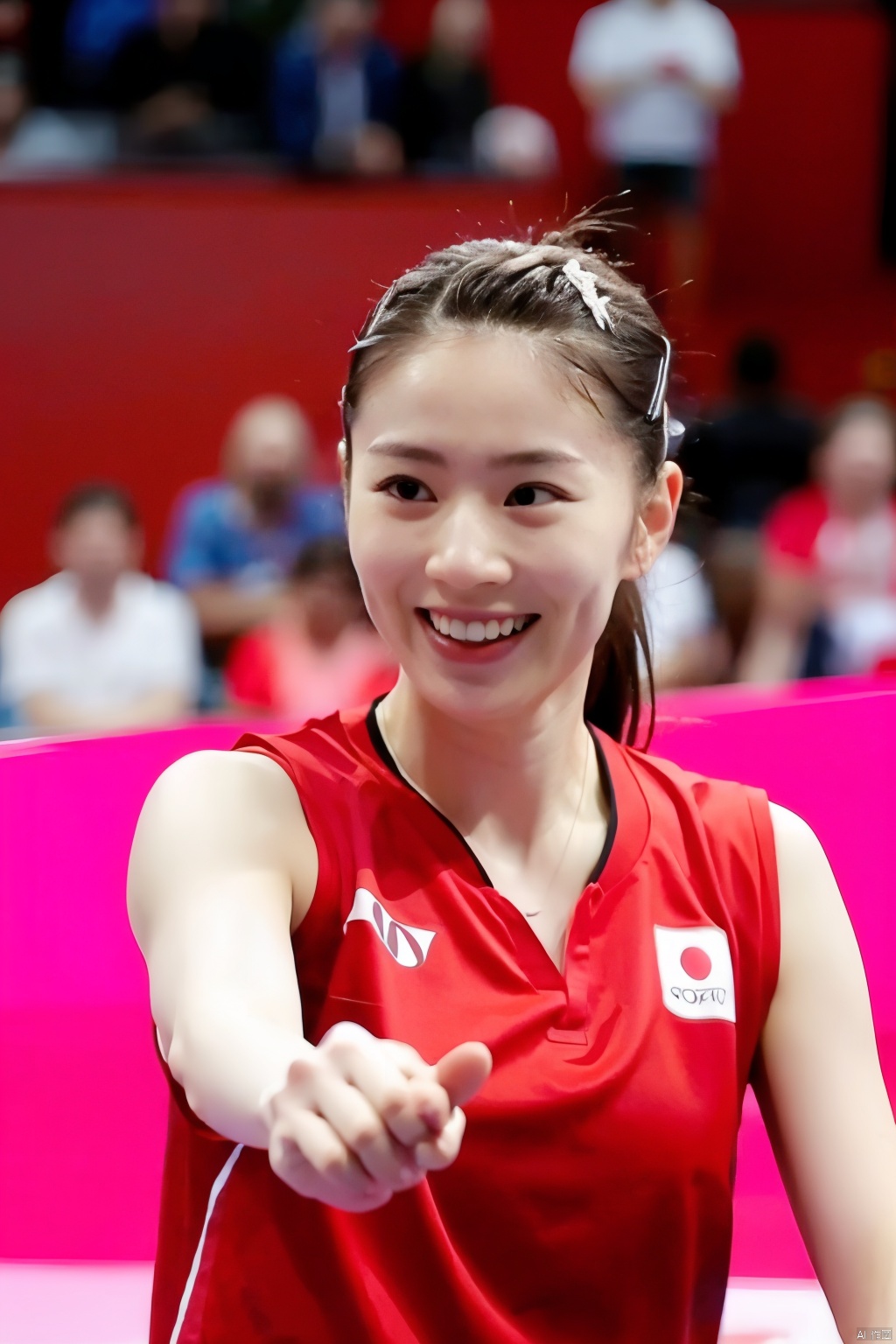 The image shows a woman who appears to be engaged in a sport, likely table tennis, given the context and her attire. The focus is on her upper body and facial expression, which conveys a sense of joy or satisfaction. Her attire includes a red sports jersey with white text, suggesting a team affiliation or sponsorship. The background is dark, ensuring that the subject stands out prominently. There are no explicit indications of location or event, but the context suggests an indoor setting typical for such sports.