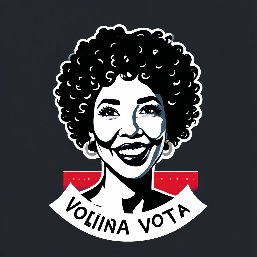 a logo in the format of obama campaign to support voting for a dark curly hair women