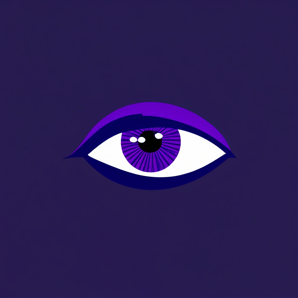 Create pictogram logo for IRIS, , logo of an subjective eye iris with only simple golden and purple, cubism design, Roy Lichtenstein style, white background 