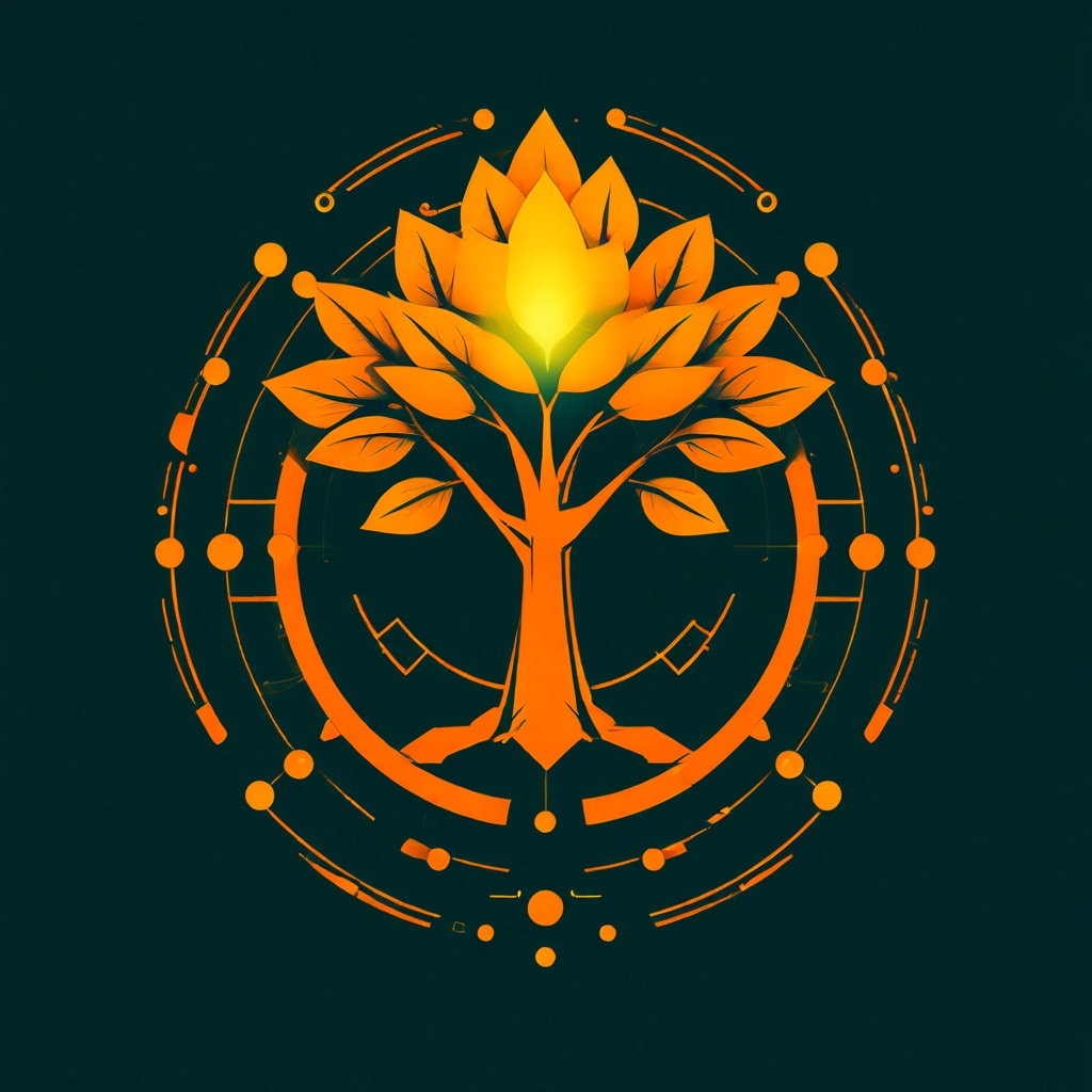 a logo for a company with an avocado tree in the center, futuristic and technological, in orange colors, high quality vector file