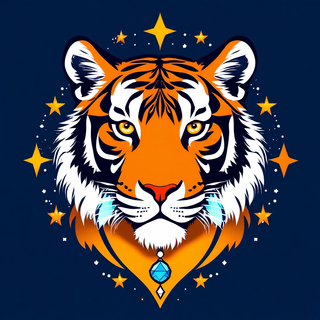 logo of a tiger, that says tiger the logo should feel magical. There should be decorative elements of astrology. Incorperate images of the moon, diamonds and stars