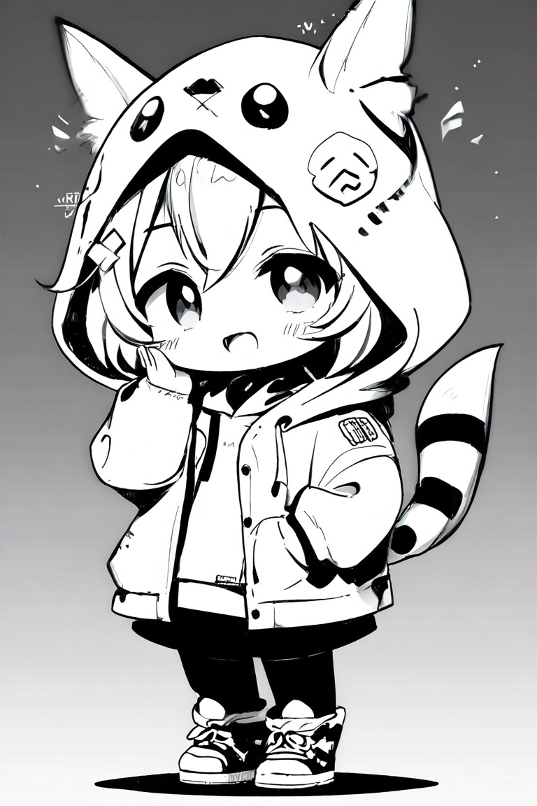 Manga style illustration, line art, pencil art, 1girl, looking at viewer, blush, simple background, shirt, long sleeves, white background, animal ears, hair between eyes, standing, jacket, tail, full body, monochrome, greyscale, puffy sleeves, fang, hand up, hood, chibi, fake animal ears, thick eyebrows, flying sweatdrops, hooded jacket, skin fang, puffy long sleeves, hood up, hand in pocket, animal hood, short eyebrows, drawstring, chinese zodiac, tiger ears, tiger print, tiger tail, tiger girl, year of the tiger