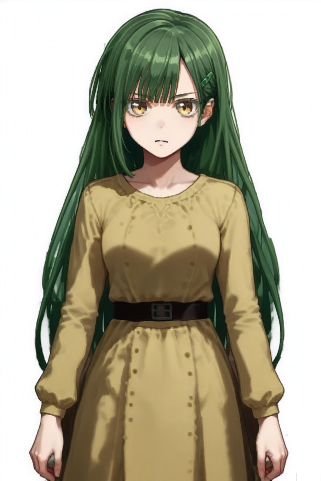 masterpiece, best quality,solo,((white background:1.2)),simple background,
looking at viewer,muzumi,long hair, green hair, bangs,yellow eyes,hair ornament,hairclip
