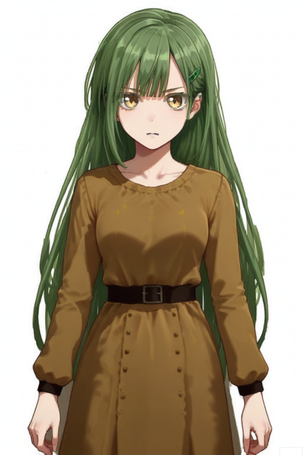 masterpiece, best quality,solo,((white background:1.2)),simple background,
looking at viewer,muzumi,long hair, green hair, bangs,yellow eyes,hair ornament,hairclip