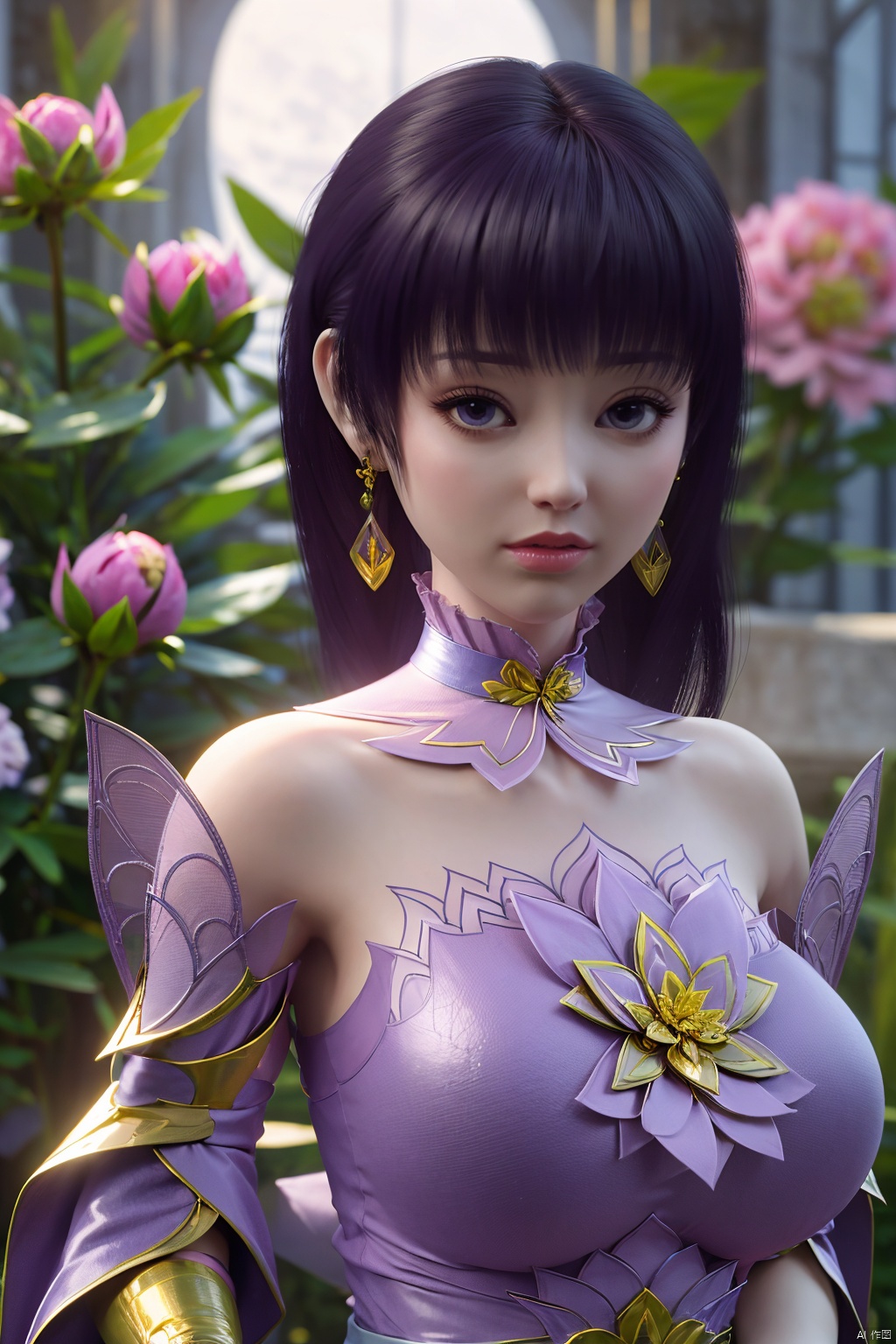  (best quality,masterpiece),Yunxiao_Fairy,1girl,solo,long hair,looking at viewer,jewelry,closed mouth,purple eyes,upper body,purple hair,earrings,blurry,blurry background,sunlight,red lips,(big breasts:1.3),(Peony,full moon:1.49),Xziyan