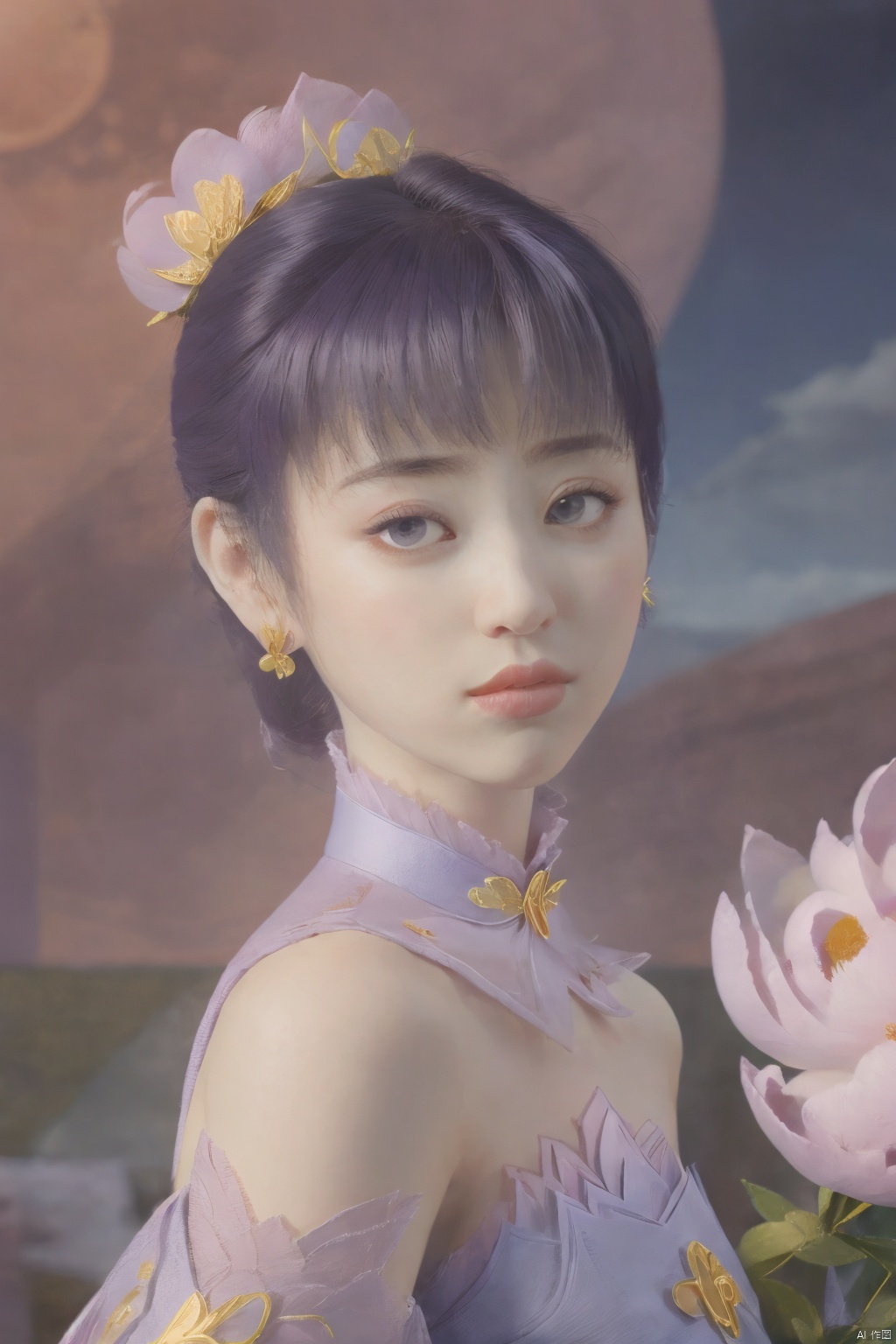  (best quality,masterpiece),Yunxiao_Fairy,1girl,solo,long hair,looking at viewer,jewelry,closed mouth,purple eyes,upper body,purple hair,earrings,blurry,blurry background,sunlight,red lips,(big breasts:1.3),(Peony,full moon:1.49),Xziyan