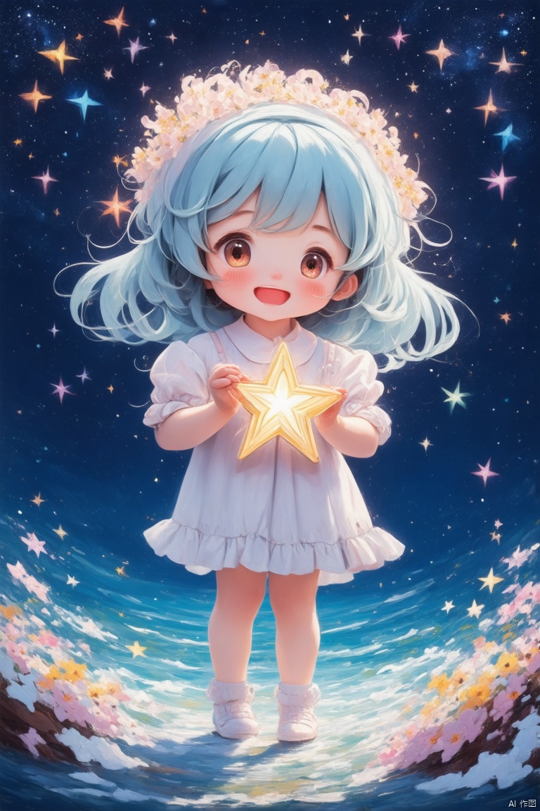 
an Anime little girl hold a shining star in her hands,surrounded by a lot of little colored stars,is Standing on the sea and making a wish, land of dreams,shooting stars , The Milky Way ,colorful Star clusters ,headshot close-up, oil painting style, very obvious oil painting strokes, impressionist palette style, 32k uhd, beautiful, booru, Old time,
