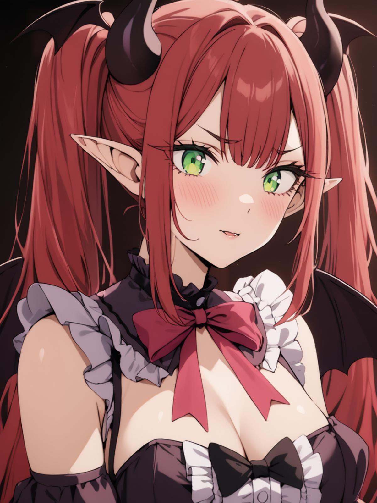 lovelydevil cosplay,  green eyes,  pointy ears on Tensor.Art