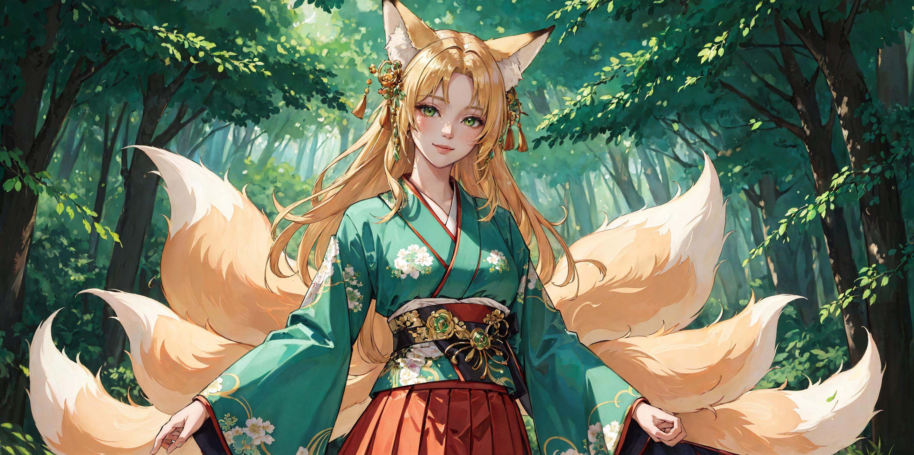 green Fractal art nouveau background,  forest,  a beautiful kitsune woman on Tensor.Art