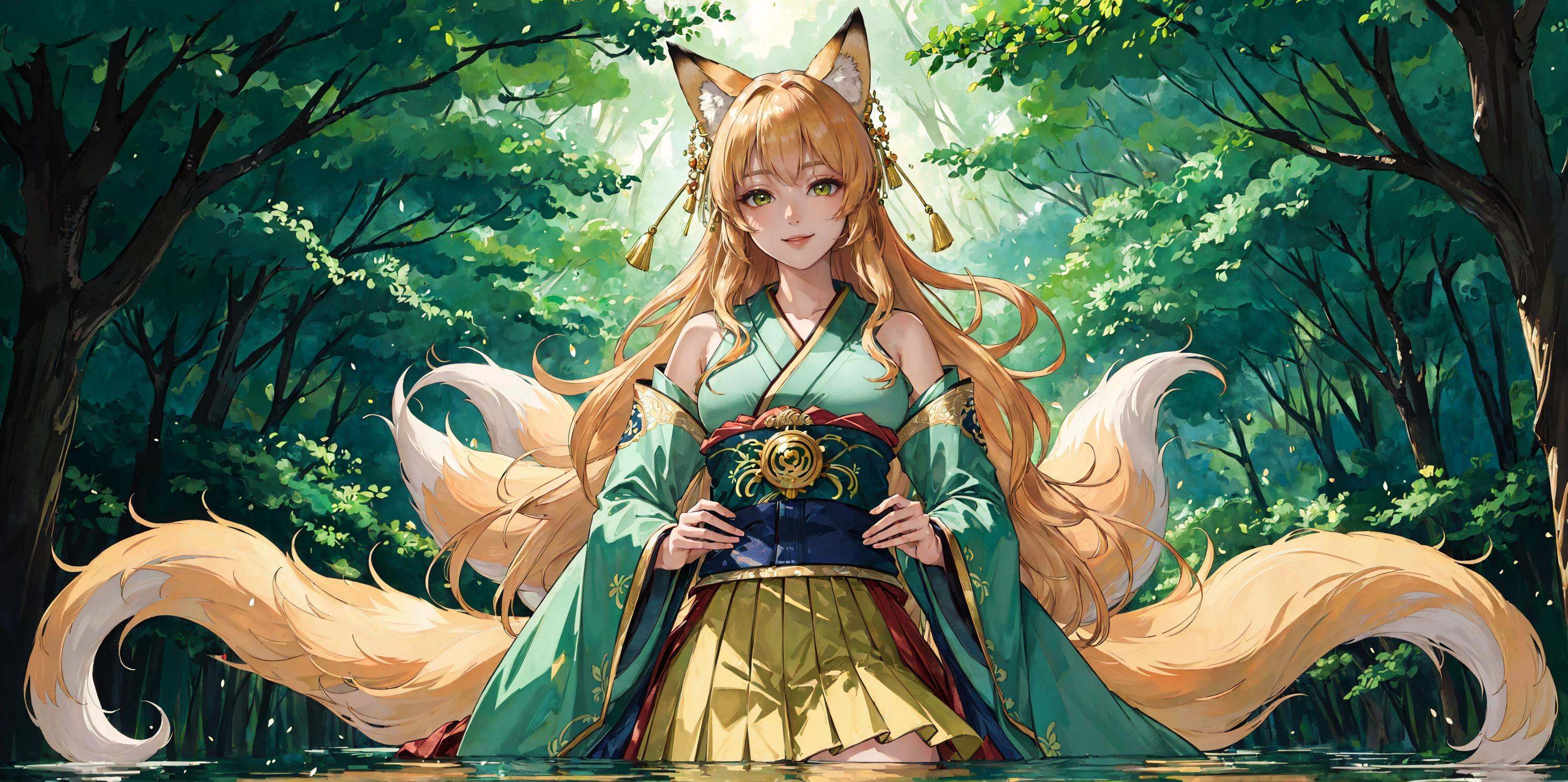 green Fractal art nouveau background,  forest,  a beautiful kitsune woman on Tensor.Art