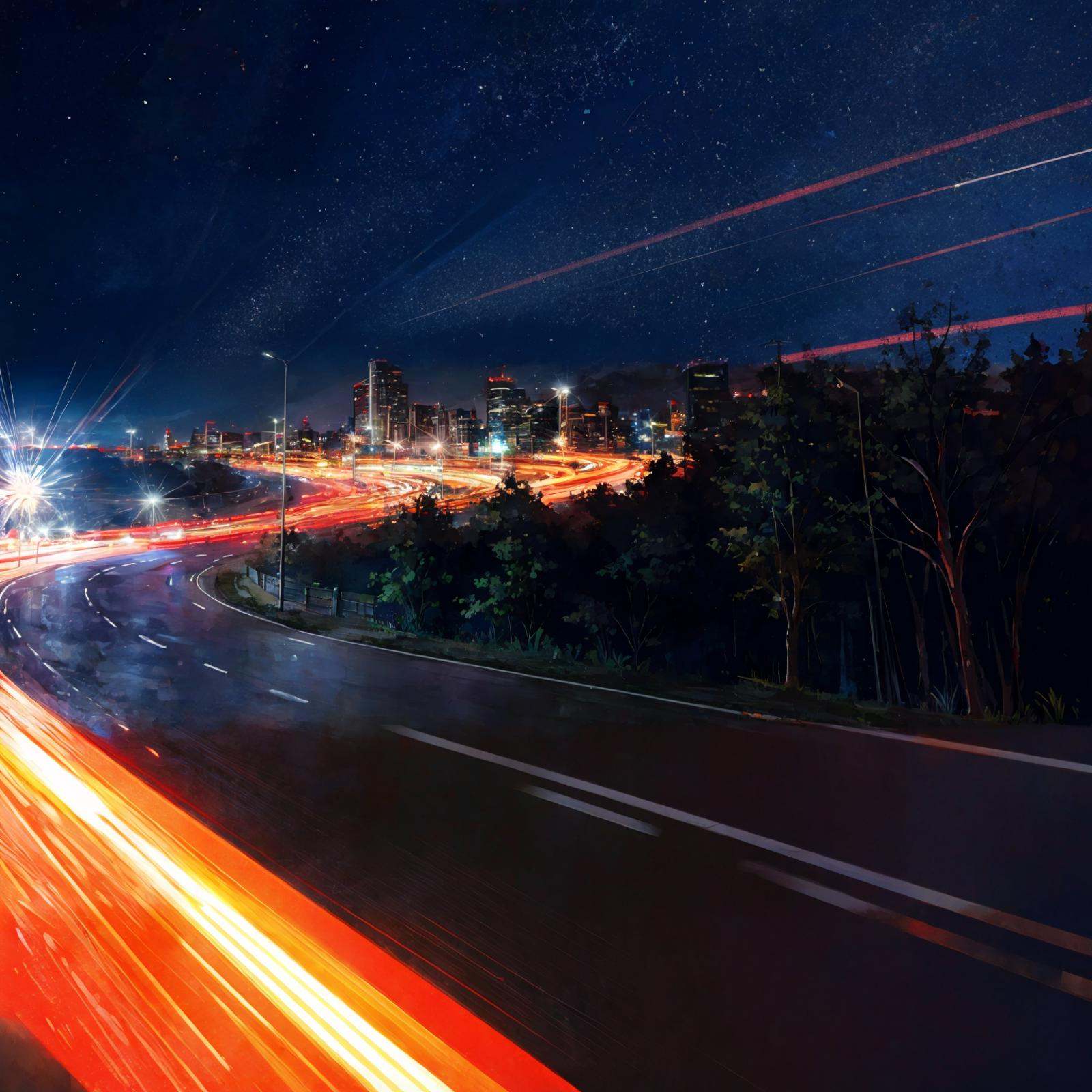 A car,  driving away while scattering a large amount of light particles,  at night city on Tensor.Art