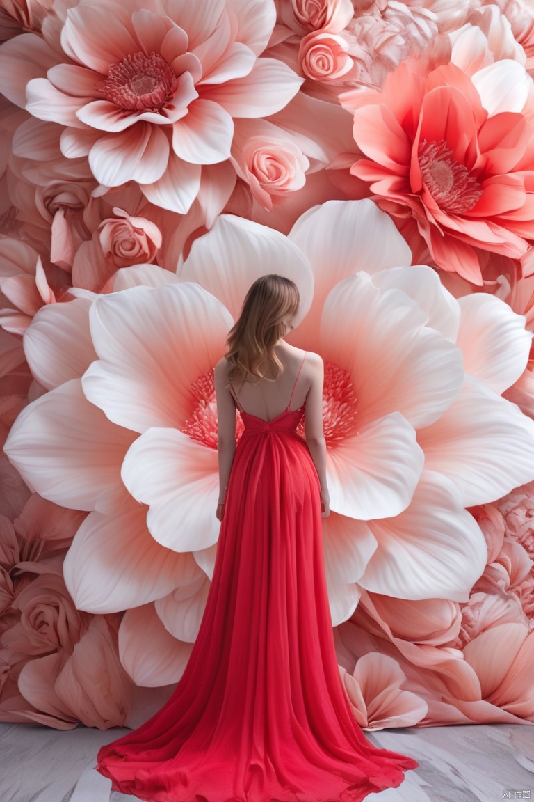 flower,1girl,It's an artistic image of a woman in a long red dress standing in front of a huge petal-tattooed background. The background is composed of huge white and pink flowers structures