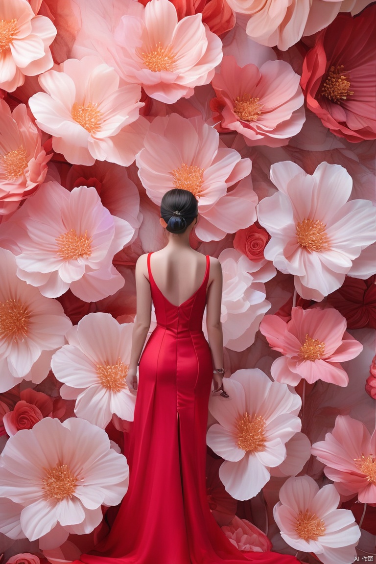 flower,1girl,It's an artistic image of a woman in a long red dress standing in front of a huge petal-tattooed background. The background is composed of huge white and pink flowers structures