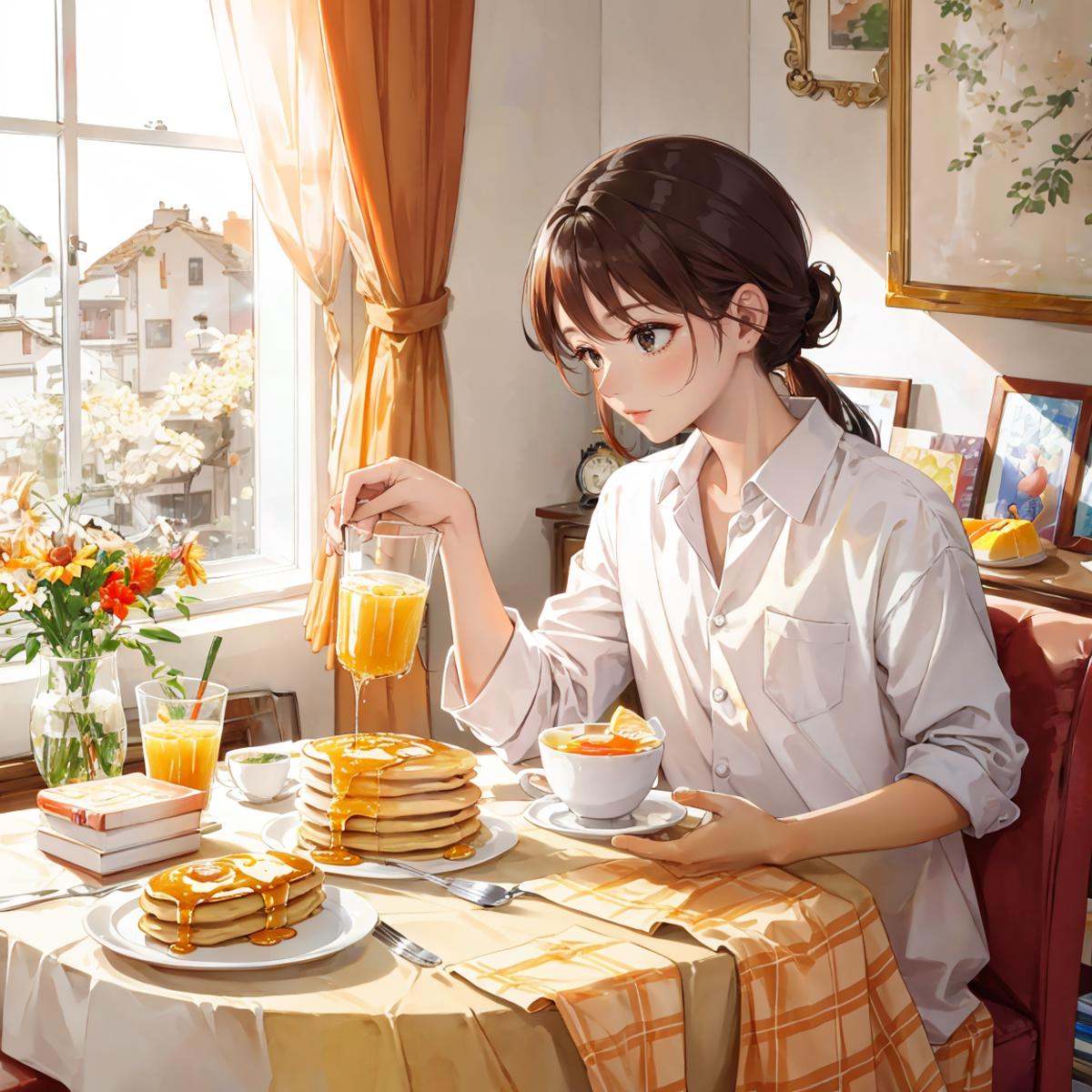 Delicious looking pancakes are displayed on a plate on the table。Orange juice is poured on the side.、Breakfast was ready。T...