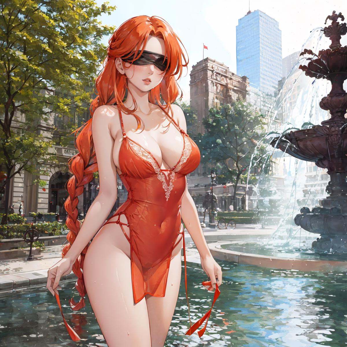 (Blindfolded and standing in a large fountain square.)beautiful woman. I'm leaning forward.I was drenched in water from th...