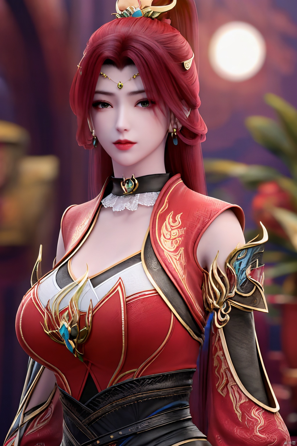  (best quality,masterpiece),Yunxiao_Fairy,1girl,solo,long hair,looking at viewer,jewelry,closed mouth,purple eyes,upper body,purple hair,earrings,blurry,blurry background,sunlight,red lips,(big breasts:1.59),(Peony,full moon:1.39),Xtanghuoer