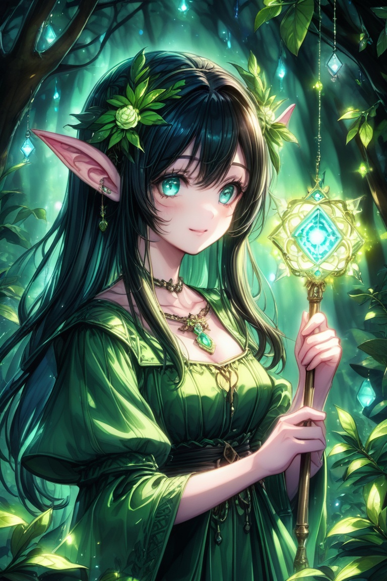 Prompt: A mystical, anime girl with pointed ears, her upper body draped in enchanted, leafy vines, holding a staff, topped with a glowing gem, surrounded by sparkling, floating lights,
