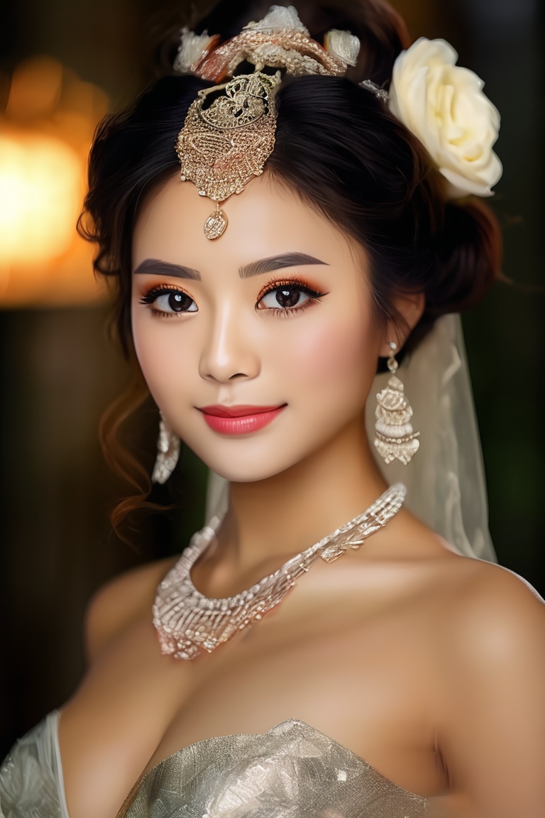 Prompt
best quality, masterpiece, highres, 1girl, Javanese wedding dress, hair ornament, necklace, glamorous jewelry, Beautiful face, upon_body, tyndall effect, photorealistic, ample cleavage, puffed breasts, rim lighting, natural lighting, high detailed skin, 8k uhd, dslr, RAW photography, high quality, high resolution, 8k, Bokeh background ,indoface
