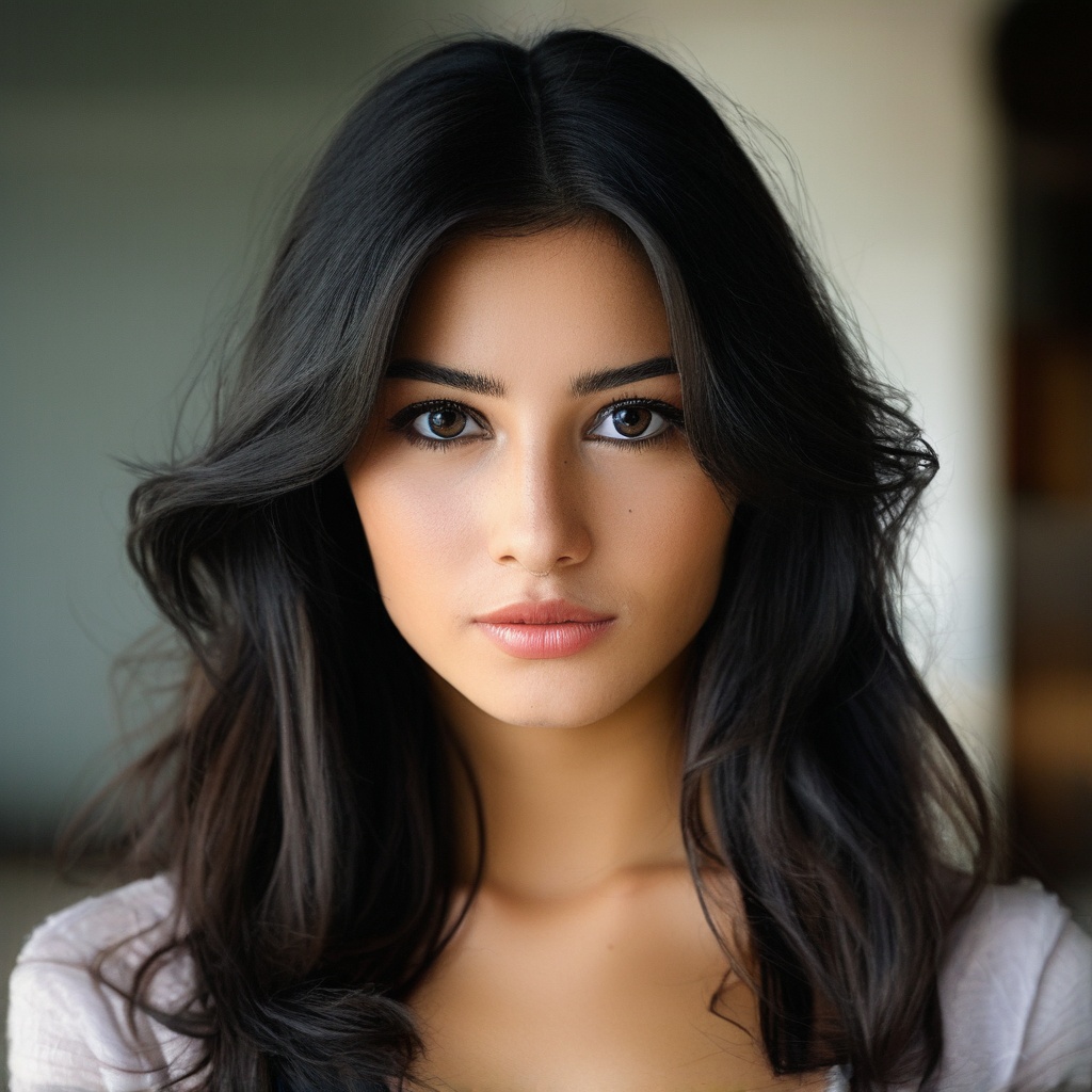 Beautiful Latina woman with big brown eyes and long black hair,noc-portrait