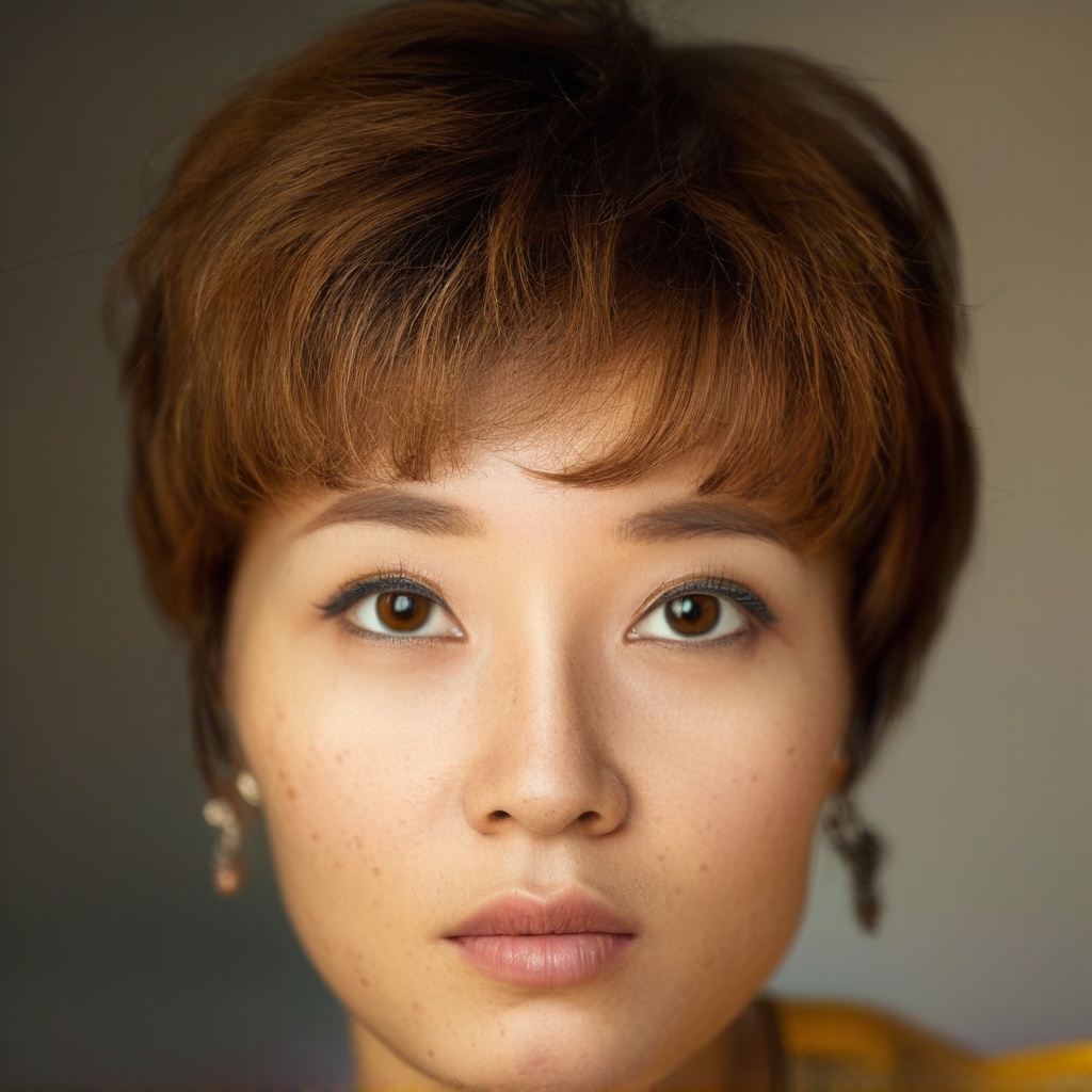 beautiful chinese lady, (freckles), brown hazel eyes, Short hair, hyperdetailed photography, soft light, head and shoulders portrait, cover, noc-realism,noc-portrait