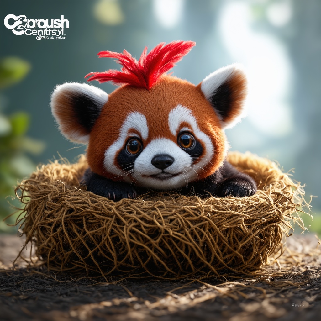 Adorable miniature crimson panda cub,  snuggled in a cozy nest of hand-knitted yarn. The texture of soft wool and delicate...
