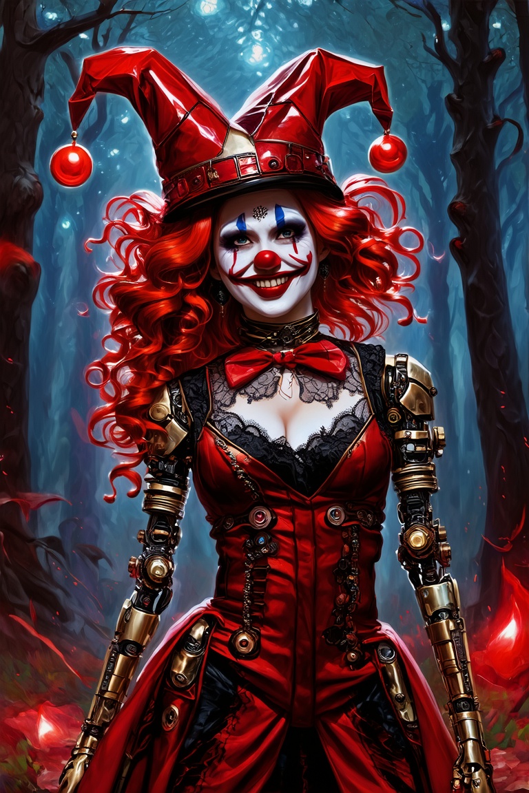 a detailed oil painting of a beautiful mechanical clown,  cyborg,  exposed circuitry on Tensor.Art