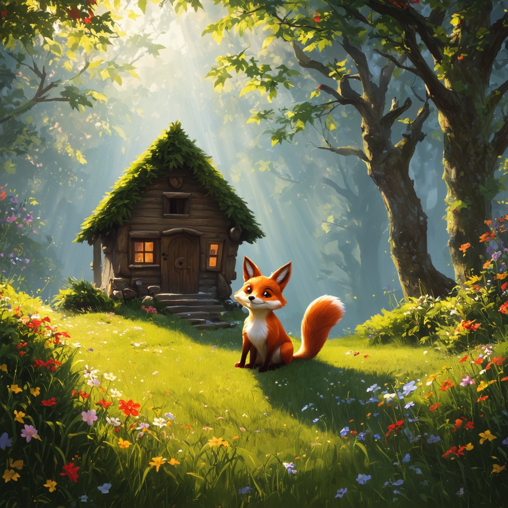 A whimsical fairytale shot of a cute fox sitting in front of a charming,  little wooden house nestled in a magical forest....