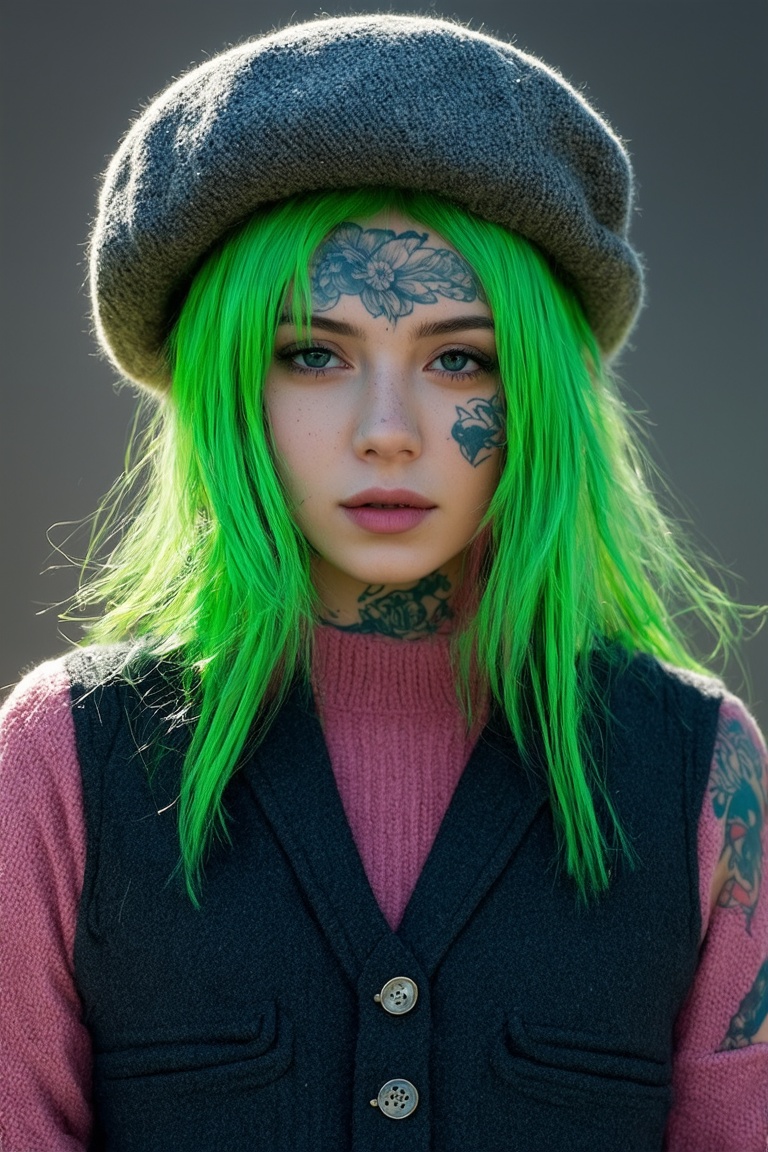 A vibrant portrait of a young woman embodying a hipster aesthetic. She sports striking neon green hair that falls effortle...