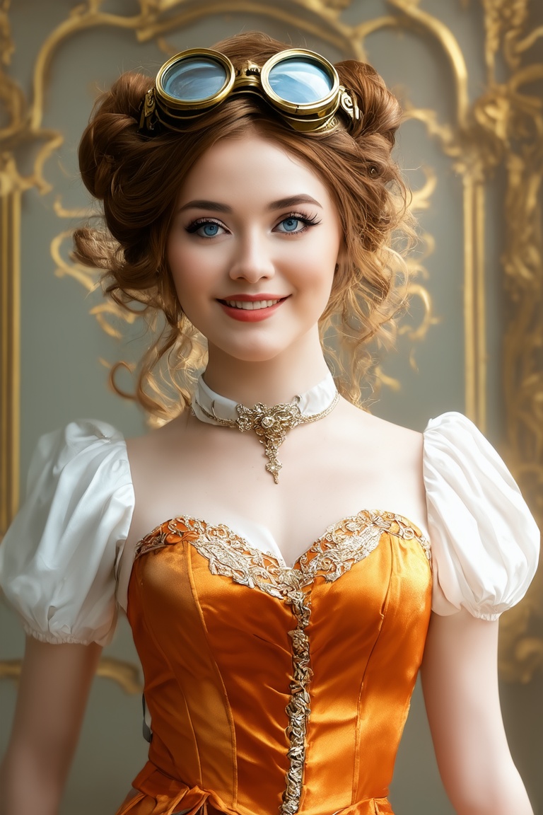 Whimsical steampunk beauty,  radiant smile,  freckled face. Messy updo with loose curls on Tensor.Art
