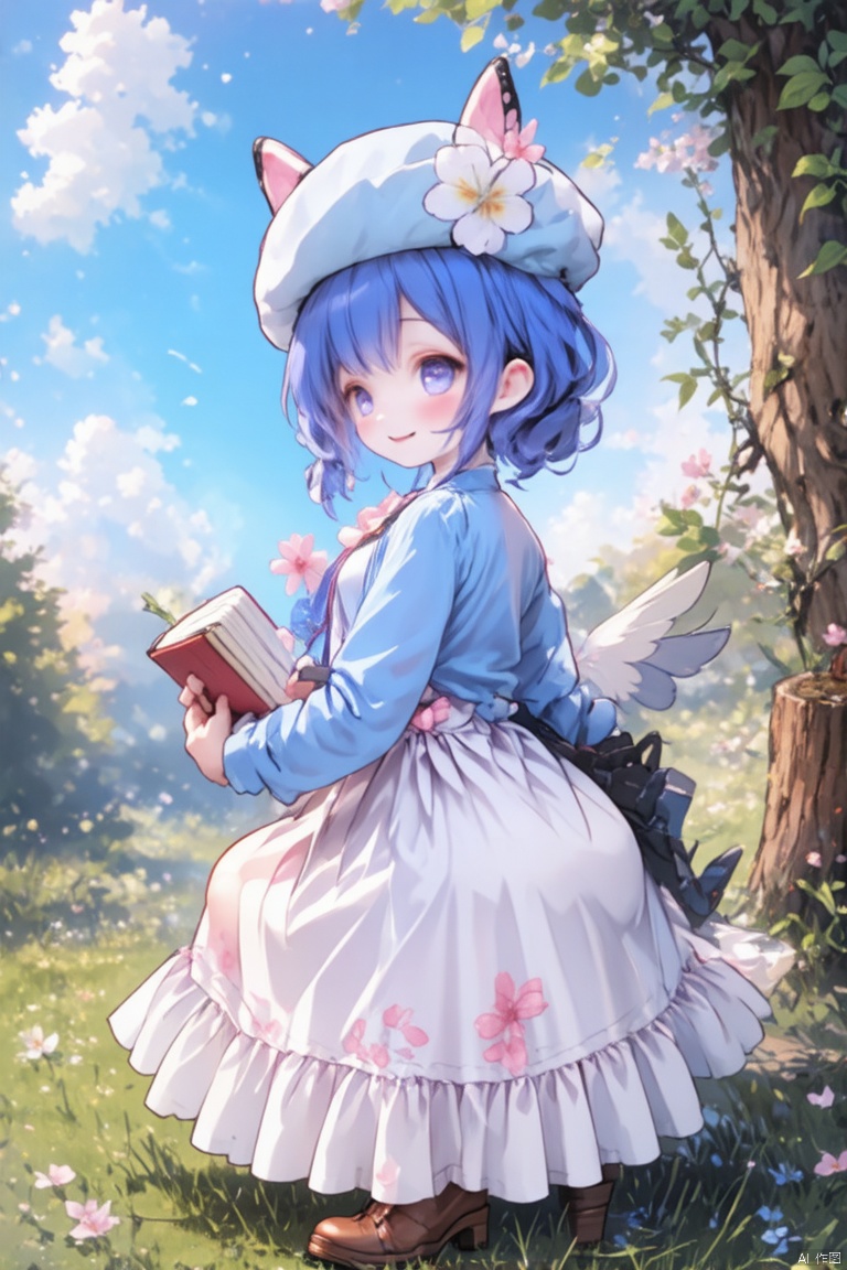 
1girl, solo, looking at viewer, blush, smile, short hair, open mouth, bangs, hair ornament, long sleeves, hat, dress, holding, animal ears, brown eyes, sitting, blue hair, full body, flower, :d, outdoors, wings, shoes, socks, hair flower, white dress, blurry, book, depth of field, blurry background, blue dress, beret, white headwear, watermark, brown footwear, grass, bug, white flower, white socks, butterfly, fairy wings, holding flower, fairy, bear ears, book stack, tree stump
