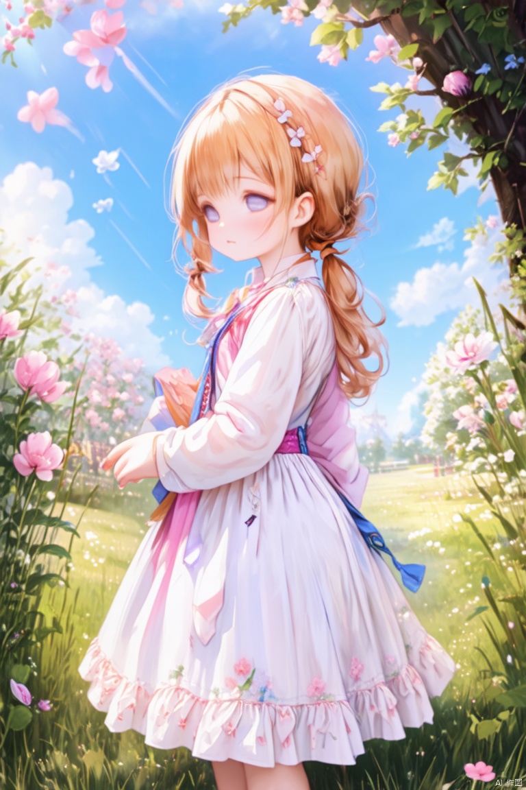 1 girl,Master piece, high quality, cute, happy, flowers, grass, fantasy, Wonderland,