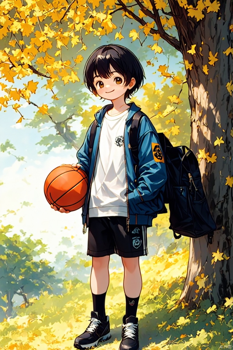 A Boy, alone, looking at the audience, holding a basketball, smiling, short hair, Bangs, shirt, black hair, long sleeves, brown eyes, standing, jacket, body, white shirt, shoes, shorts, socks, bag, black shoes, leaves, watermark, black shorts, backpack, blue jacket, black socks, sneakers, hand in pocket, Akiha, Gingko Leaf