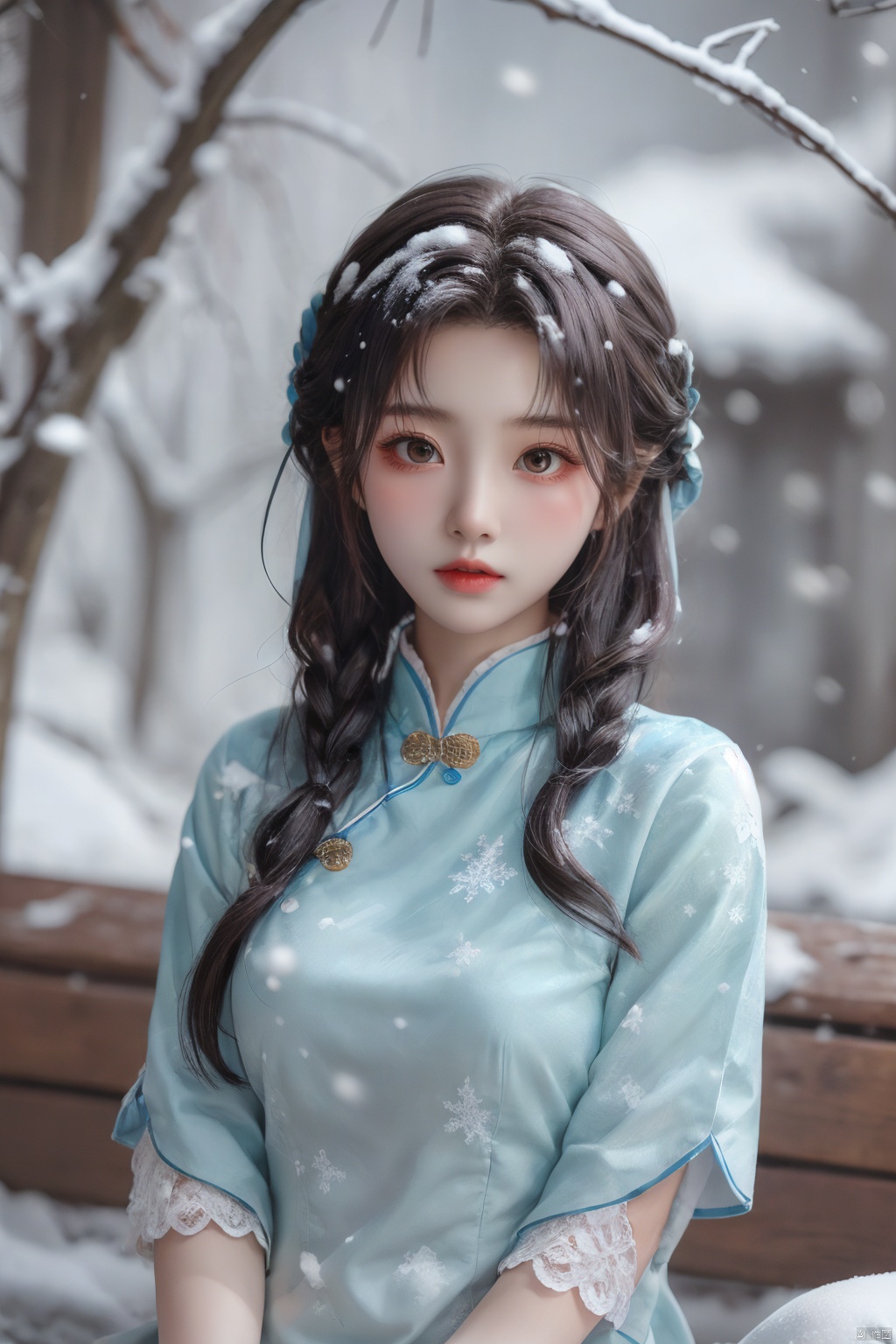  1girl,,,cowboy shot,,white stockings,,sit,,,from front,,,,,,,,,,,,ray tracing,{best quality}, {{masterpiece}}, {highres}, original, extremely detailed 8K wallpaper, {an extremely delicate and beautiful},,incredibly_absurdres,colorful,intricate detail,,,,,,,,,,,,,,snowflakes,falling_snow,snowing,l,,,,,,,,,,,,,,,,,,,,,, , (upper body:1.2), , a girl,dress,moyou, (\meng ze\)