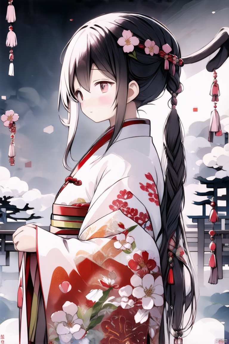 1 girl, Solo, long hair, looking at the audience, blush, Bangs, black hair, hair accessories, long sleeves, shut up, upper body, braids, flowers, Japanese clothing, hair flowers, kimono, looking to the side, patterns, white flowers, red Flower, tassel, White Kimono, printed kimono