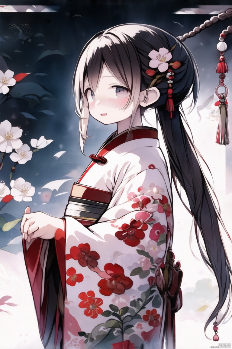 1girl, solo, long hair, looking at viewer, blush, bangs, black hair, hair ornament, long sleeves, holding, closed mouth, upper body, braid, flower, japanese clothes, hair flower, kimono, twitter username, looking to the side, floral print, white flower, red flower, tassel, white kimono, print kimono