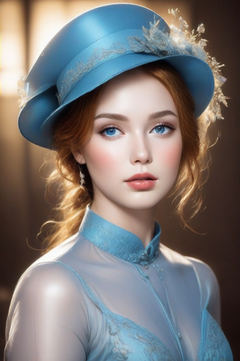 The image captures a close-up of a woman's face and upper attire. The focus is on her facial features,  which include her...